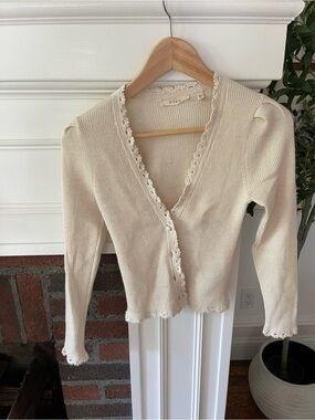 Doen Cream Lace-Trim Ribbed Vintage-Inspired Cardigan
